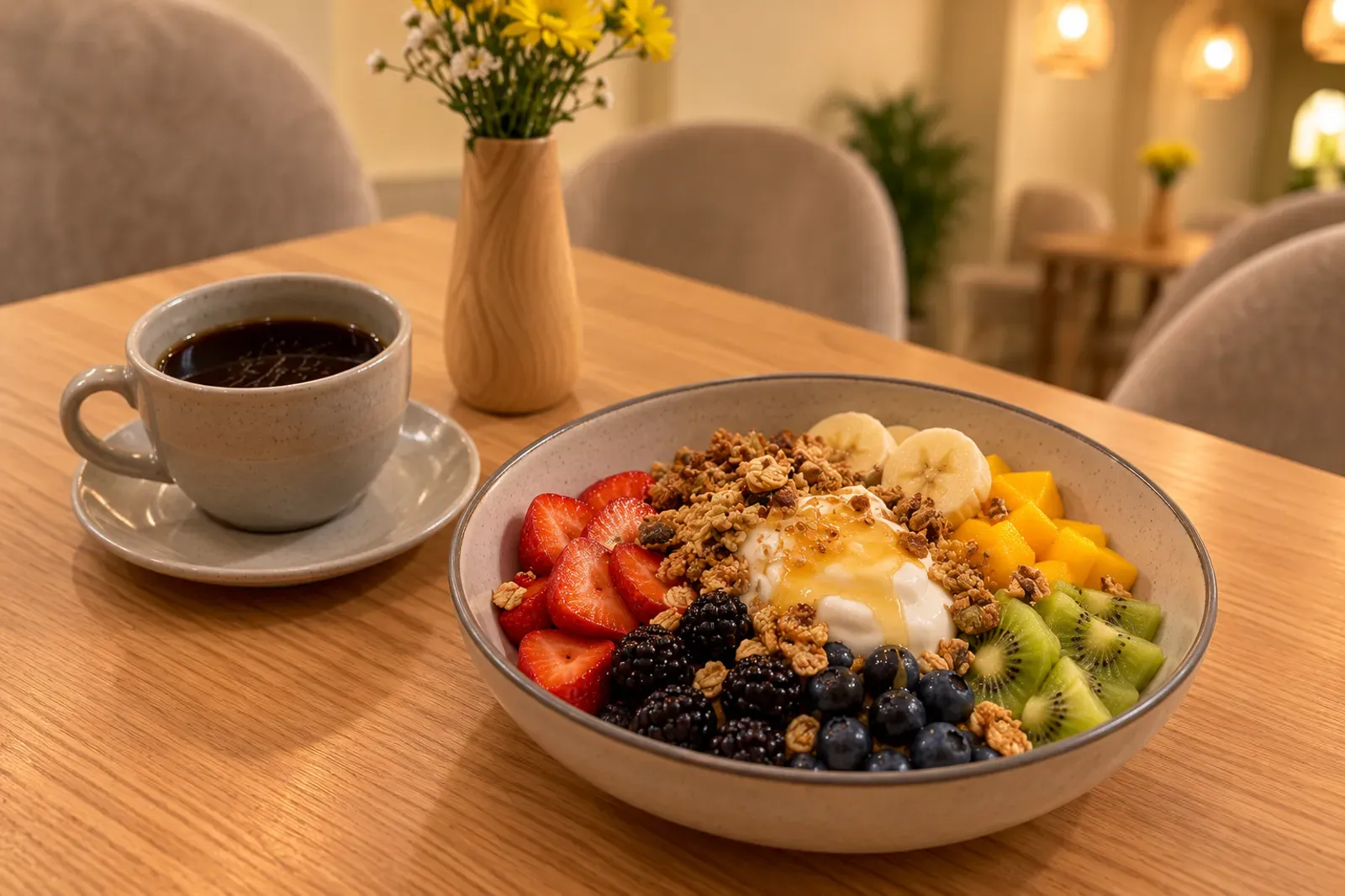 Bowl de fruta con yogur, granola y miel junto a una taza de café