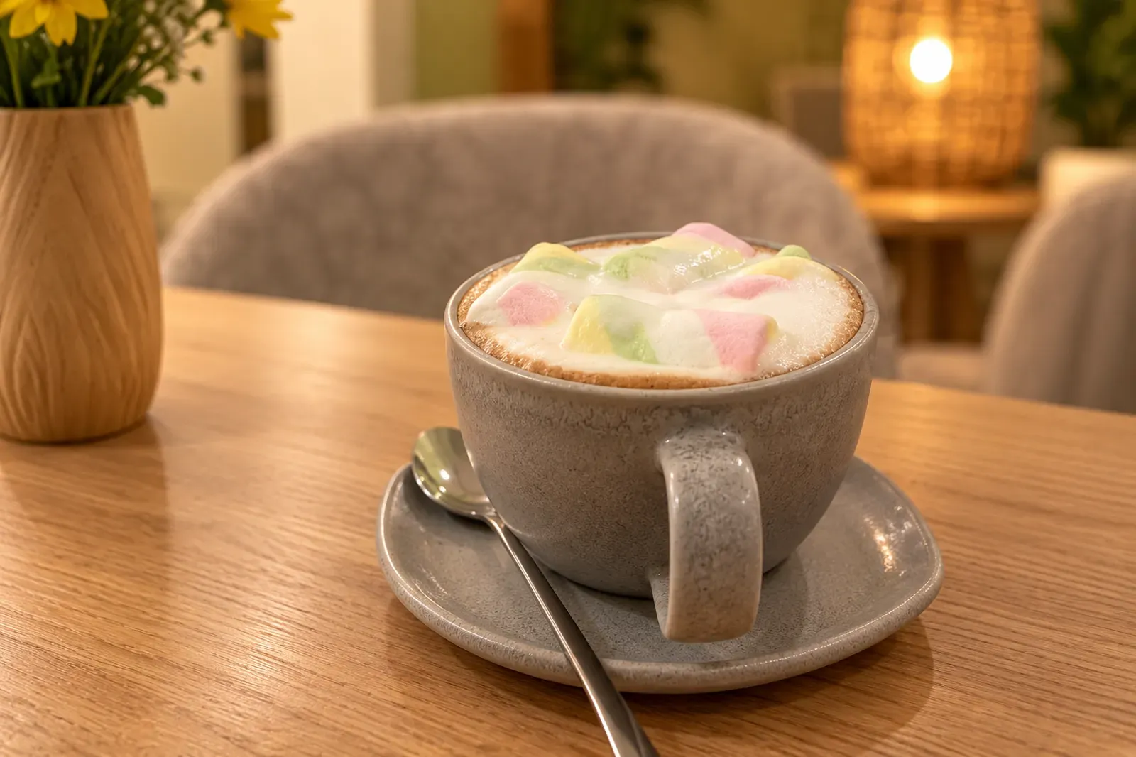 Latte con malvaviscos de colores en taza de gres sobre la mesa de roble